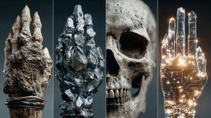 Artistic composition showcasing hands, skull, and technology, a symbolic representation