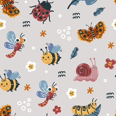 Cute cartoon insects and butterflies in pixel art style with floral elements on a light gray background perfect for kids' designs