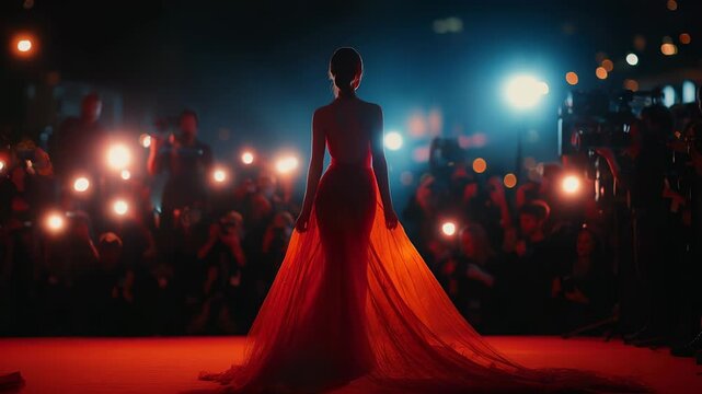 Glamour drapes redcarpet as woman walks. Celebrity, actress, model she is all. Dress sparkles in evening glow. Spotlight chases her through event, through glamour, through endless celebrity shimmer.
