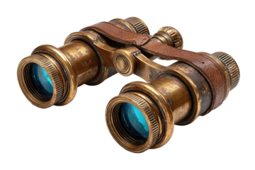 Vintage brass binoculars with light patina, leather bridge wrap, and subtle blue-coated lenses, elegant antique detail, isolated on transparent background.
