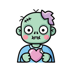 Fototapeta premium Cute Zombie Holding Pink Heart, Cartoon Halloween Character, Kawaii Monster