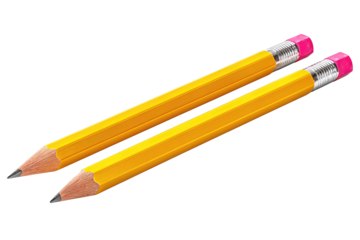 Two classic yellow pencils with long sharpened points and pink erasers, parallel alignment with precise hexagonal edges, isolated on transparent background.
