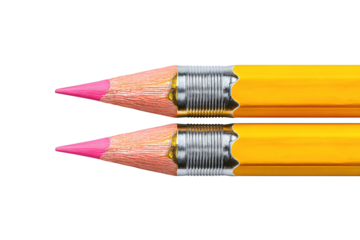 Two classic yellow pencils with long sharpened points and pink erasers, parallel alignment with precise hexagonal edges, isolated on transparent background.

