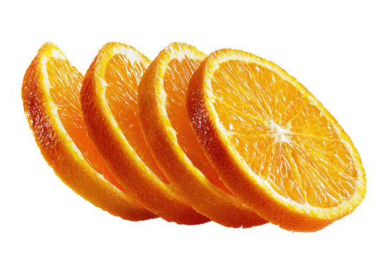 Juicy orange slice overlapping with dried slice, rich color difference and crisp surface texture, isolated on transparent background.
