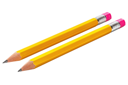 Two classic yellow pencils with long sharpened points and pink erasers, parallel alignment with precise hexagonal edges, isolated on transparent background.
