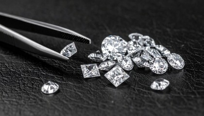Gemologist Dropping Solitaire Diamond on the Black Texture Diamond Tray along with other Diamonds 