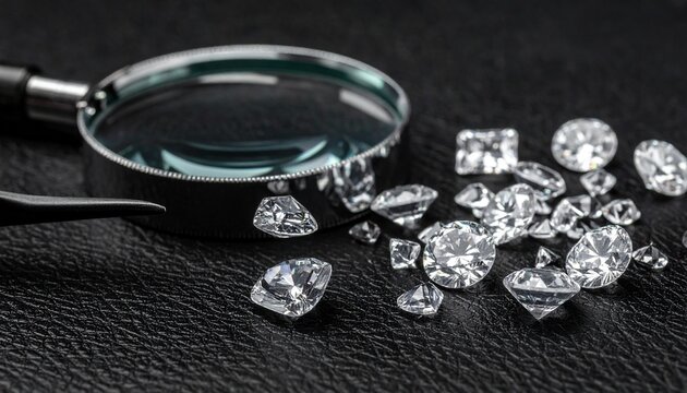 Loose Solitaire Diamonds laying on Gemological QC Black Leather Pad along with Magnifying Glass and Tweezer 