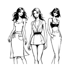 Elegant fashion illustration showcasing diverse female silhouettes and stylistic variations with