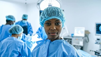 A focused female surgeon in a blue surgical cap and gown stands in an operating room with a surgical team in the background. - Powered by Adobe