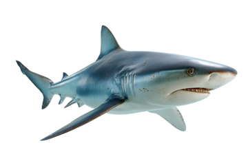 Silver-gray reef shark in motion with smooth grainy texture and defined body lines, subtle realism and lifelike detail, isolated on transparent background.
