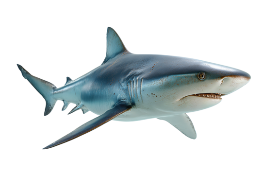 Silver-gray reef shark in motion with smooth grainy texture and defined body lines, subtle realism and lifelike detail, isolated on transparent background.
