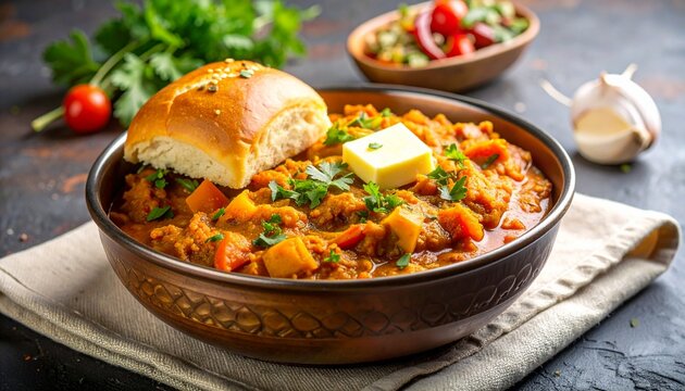 Closeup of Butter Pav Bhaji with Single Bread along with Coriander, Garlic, Salad in the Background laying on Chef's Table 