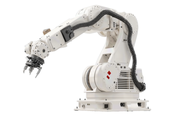 Industrial gantry robot in white enamel finish with extended arm and black cable chains, base showing vent slots and clean detailing, isolated on transparent background.
