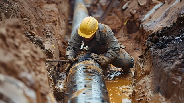 Worker installing large water pipe in trench