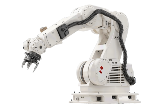 Industrial gantry robot in white enamel finish with extended arm and black cable chains, base showing vent slots and clean detailing, isolated on transparent background.
