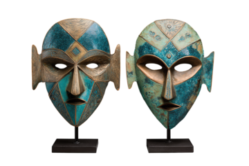 Pair of ceremonial bronze masks with engraved geometric motifs and turquoise inlays, mounted on minimalist stands and angled opposite, patinated surface with artistic depth, isolated on transparent ba