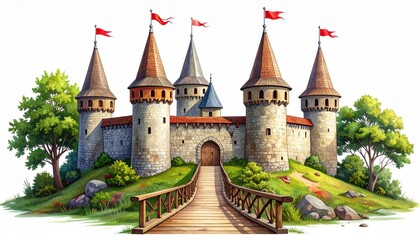 Fototapeta premium Medieval Stone Castle with Towers and Wooden Bridge Representing Historical Architecture Strategic Defense Cultural Heritage and Classic Design