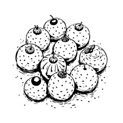 Graphic composition of speckled round fruits showcasing detailed sketches evoking the charm of