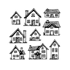 Hand drawn collection of various types of houses, black and white isolated illustration showcasing