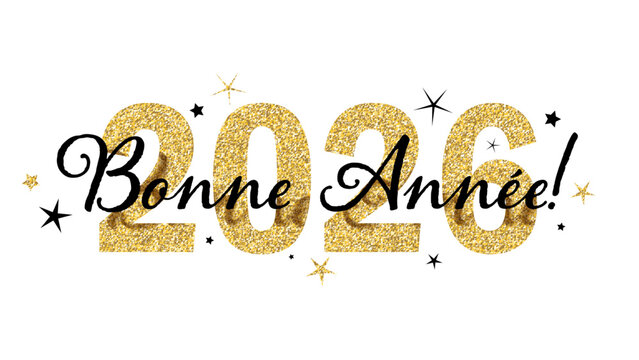 BONNE ANNEE 2026 (HAPPY NEW YEAR 2026 in French)  gold glitter and black vector typography banner with stars