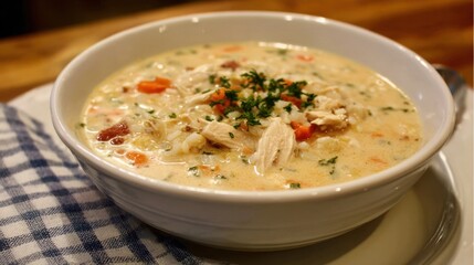 A bowl of creamy chicken soup with carrots and parsley on top. The soup is white and has a creamy texture