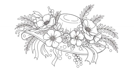 Fototapeta premium Floral hat illustration in detailed black and white line art with decorative elements
