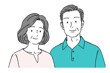 Fototapeta premium 笑顔で寄り添う中高年（シニア）夫婦の線画イラスト,安心,老後,健康