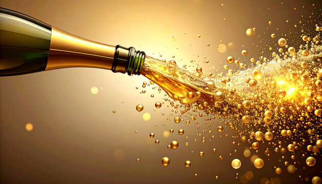 A stylized upside-down champagne bottle pours glowing abstract gold bubbles into a blank, clear area below. - Powered by Adobe