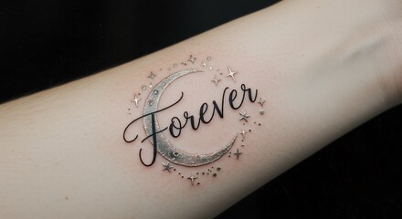 Fototapeta premium Forever tattoo with crescent moon and stars on arm symbolizing lasting sentiment