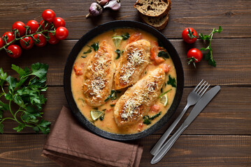 Chicken breast in creamy sauce with tomatoes and spinach