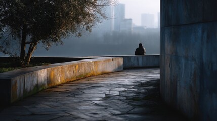 A city park with minimalist architecture, foggy weather, a lone figure sitting on the edge of a raised wall overlooking the water, the light casting long shadows, a sense of solitude and contemplation