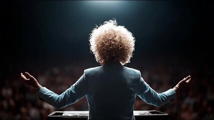 Rear view of a powerful female speaker with curly blonde hair addressing an audience on stage under a bright spotlight, gesturing during a presentation or performance.
