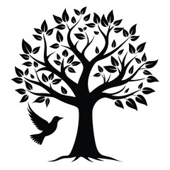 tree silhouette vector with bird