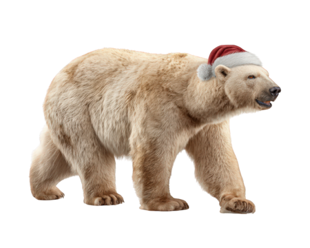Cute polar bear walking with festive red Santa hat for winter Christmas season. This happy animal looks ready for holiday celebration against clean background