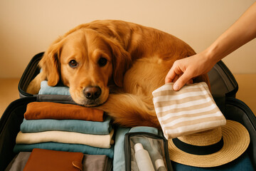 Golden retriever resting in an open suitcase with neatly packed clothes, travel essentials, and a hand folding striped shirt
