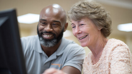 Senior woman learning computer skills with assistance from a friendly, diverse tutor. Represents mentorship, education, and positive aging. Perfect for training materials.