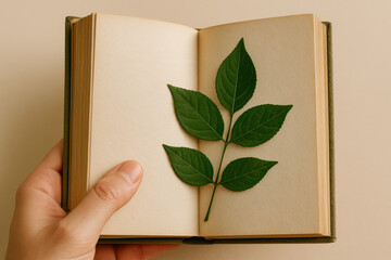 Person holding open book with pressed green leaf, minimal botanical concept, eco friendly natural lifestyle inspiration