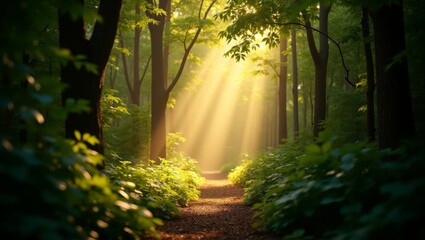 Sunbeams through forest canopy onto woodland path trail