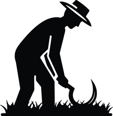Vector silhouette farmer mowing grass with scythe illustration
