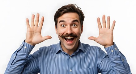 Fototapeta premium Enthusiastic man with a stylish mustache expresses sheer joy and surprise, raising his hands in an energetic gesture of excitement against a clean background, conveying happiness and positive emotion