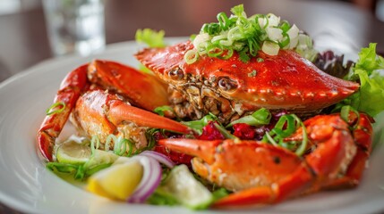 Freshly prepared crab dish features vibrant red shell crabs garnished with chopped green onions served with lime wedges on a bright white plate at a cozy restaurant setting.