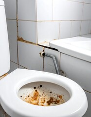 Dirty bathroom with stained toilet and grout