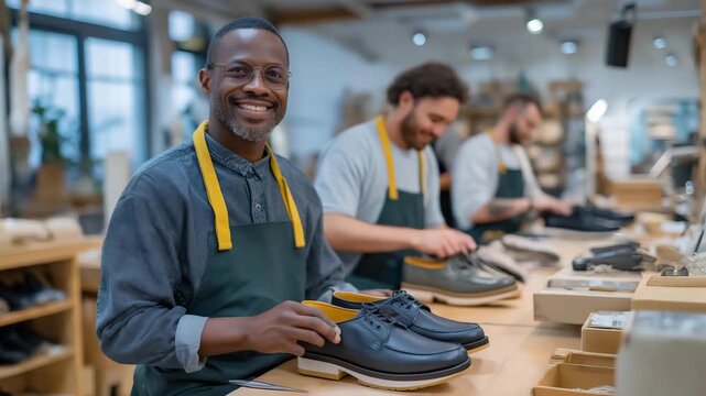 A diverse team of shoemakers repairing footwear in a bright, modern workshop, highlighting teamwork, professionalism, sustainability, innovation, and the revival of traditional repair services in a