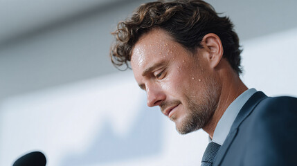 Stressed speaker. A man in a suit stands with his head down, sweat beading on his forehead. Depicts pressure, anxiety, public speaking, or a challenging situation.