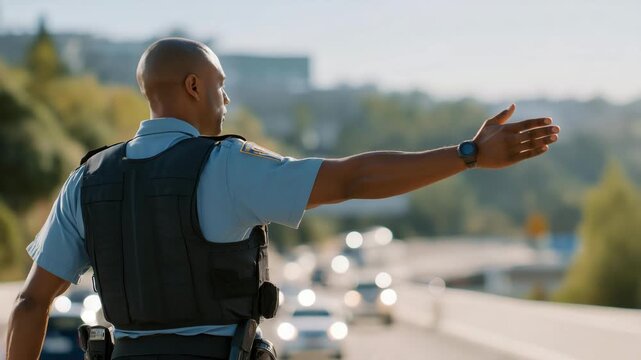 A police officer directing vehicles around an accident site on a major roadway, representing teamwork, authority, safety management, and the coordination between law enforcement and emergency