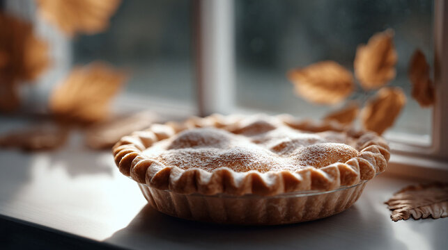 Warm, rustic pie sits near a window, evoking autumn feelings. Ideal for Thanksgiving, home baking, or comfort food themes. Sweet, cozy, and inviting image.