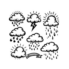 Hand drawn weather icons illustration showcasing various atmospheric conditions and elements for