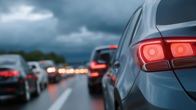 A view from inside a car showing a long queue of brake lights under cloudy weather, symbolizing delay, stress, infrastructure pressure, and the universal experience of modern road congestion after
