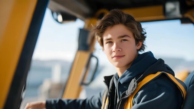 A young apprentice learning to operate construction equipment under supervision, representing education, mentorship, skill development, and the integration of safety culture into professional