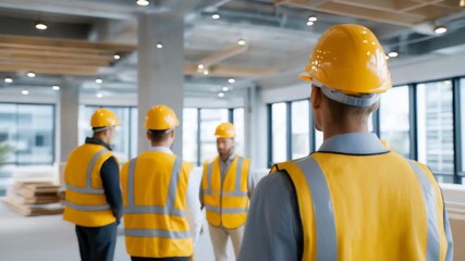 A diverse team of architects and construction workers inspecting a large empty commercial space before office renovation begins, symbolizing teamwork, planning, modern architecture, and the - Powered by Adobe